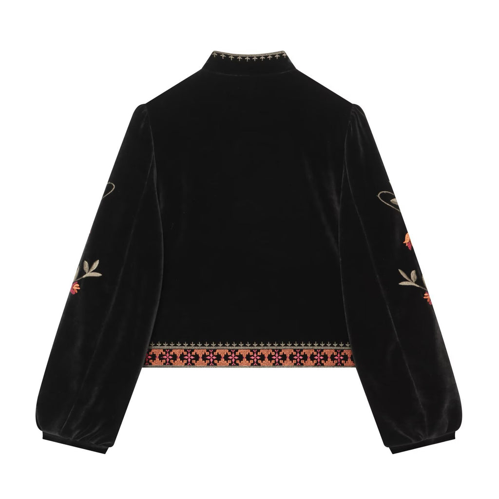 Casual style long sleeved stand up collar embroidered jacket