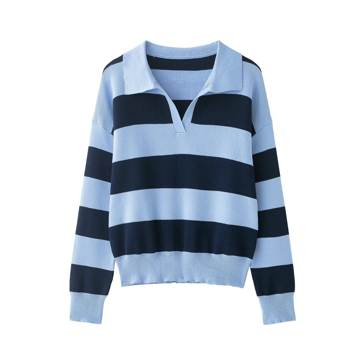 Elegant Contrast Stripe Knit Cardigan Women's Top with Lapel Collar Slimming Fit