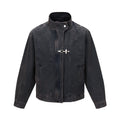 Men's Deconstructive Workwear Snowflake Wash Long Sleeve Aviation Button Stand Collar Relaxed Fit Denim Jacket