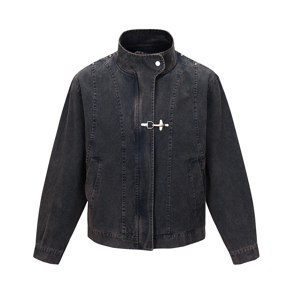 Men's Deconstructive Workwear Snowflake Wash Long Sleeve Aviation Button Stand Collar Relaxed Fit Denim Jacket