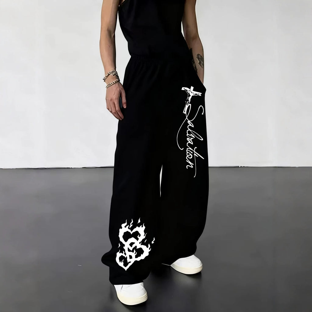 Dark Gothic Letter Print Loose Wide-leg Drawstring Unisex Sweatpants