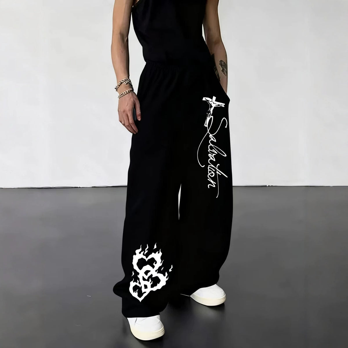 Dark Gothic Letter Print Loose Wide-leg Drawstring Unisex Sweatpants
