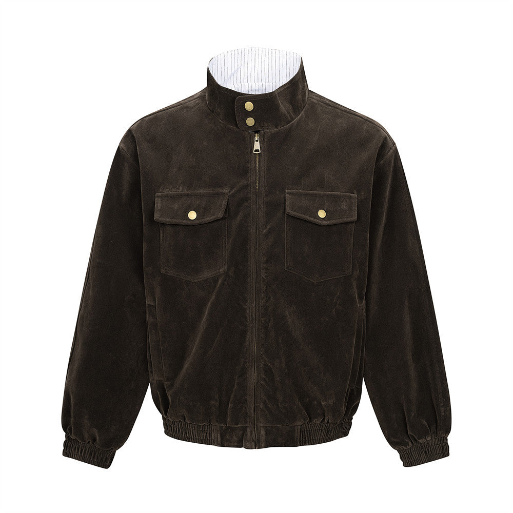 Men's Workwear Style Leather Patchwork Striped Stand Collar Loose Fit Harrington Jacket