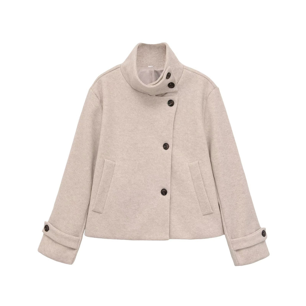 Versatile solid color long sleeved stand up collar jacket