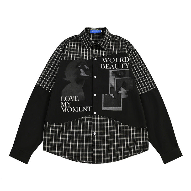 Men's Loose Hip Hop Style Color Block Irregular Plaid Long Sleeve Shirt