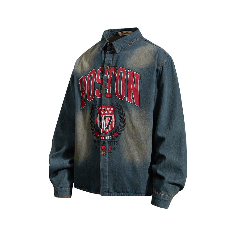 Men's Casual Vintage  Letter Print Long Sleeve Washed Distressed Denim Shirt