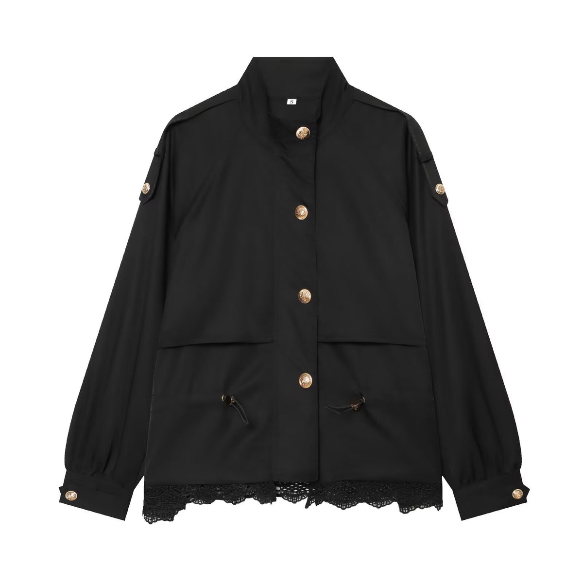 Simple stand up collar long sleeved single breasted lace patchwork workwear short jacket
