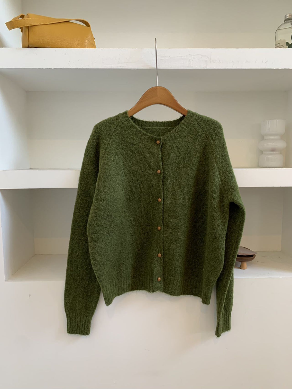 Relaxed Fit Wool Cardigan, Single-Breasted Round Neck Loose Knit Jacket