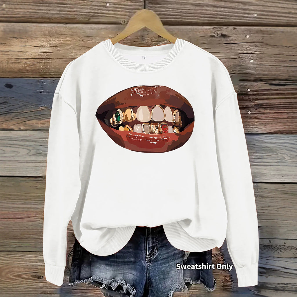 Black lip print loose women's fleece sweatshirt