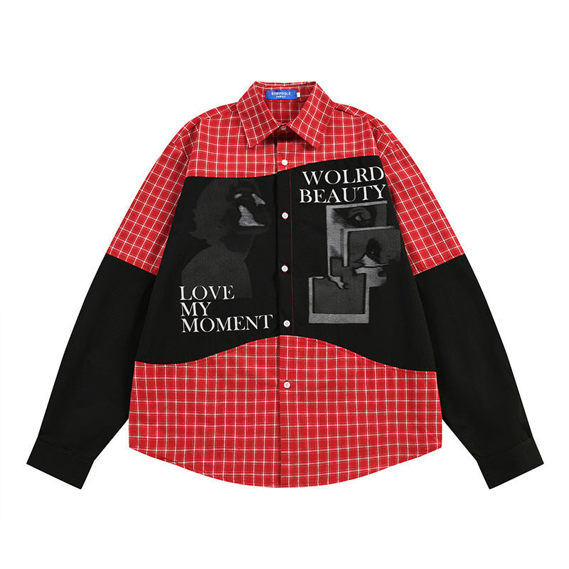 Men's Loose Hip Hop Style Color Block Irregular Plaid Long Sleeve Shirt
