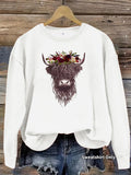 Highland Cow Rose Printed Loose Women's Velvet Hoodie