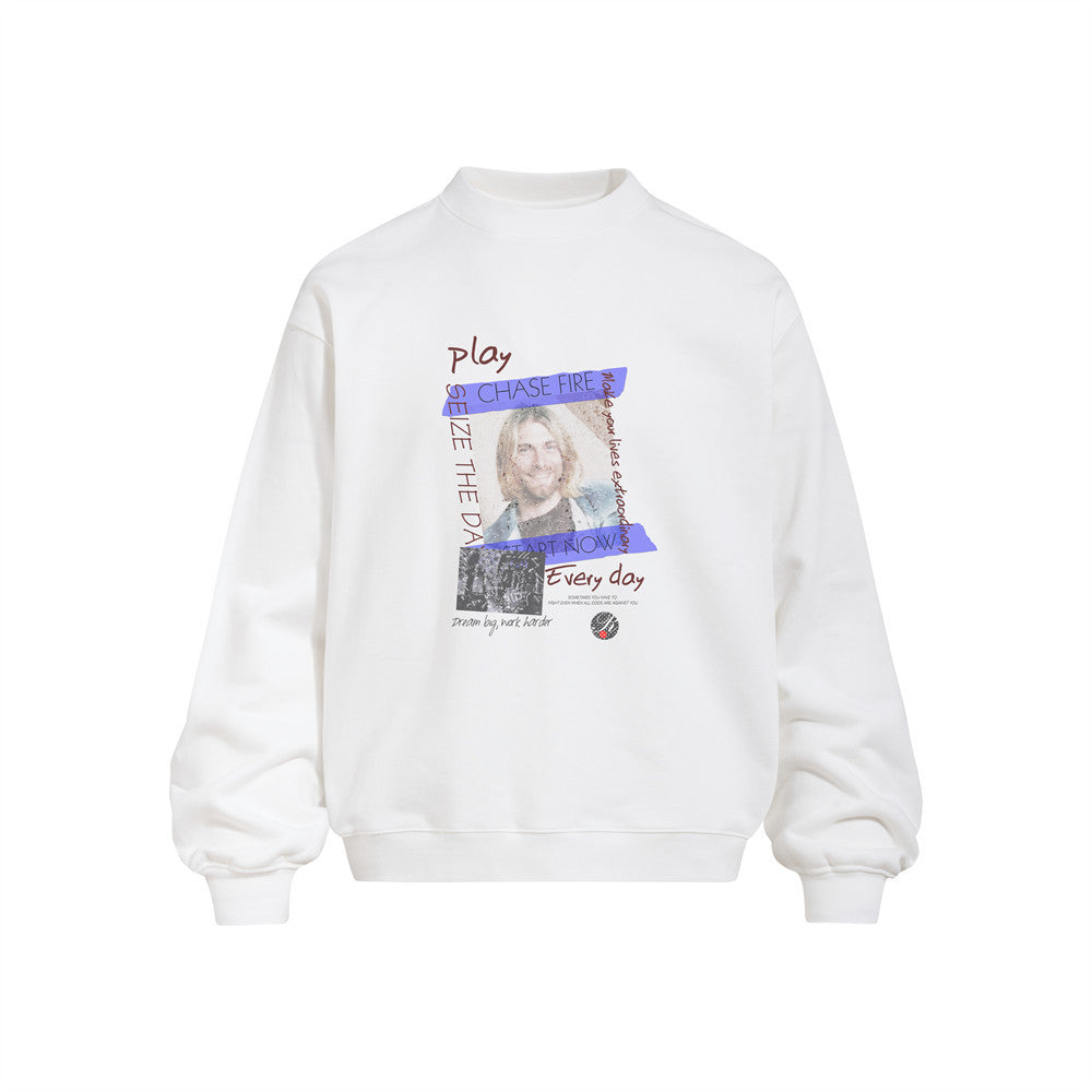 Men's Portrait Print Long Sleeve Crew Neck Oversized Heavyweight 420GSM Casual Streetwear Pullover Sweatshirt
