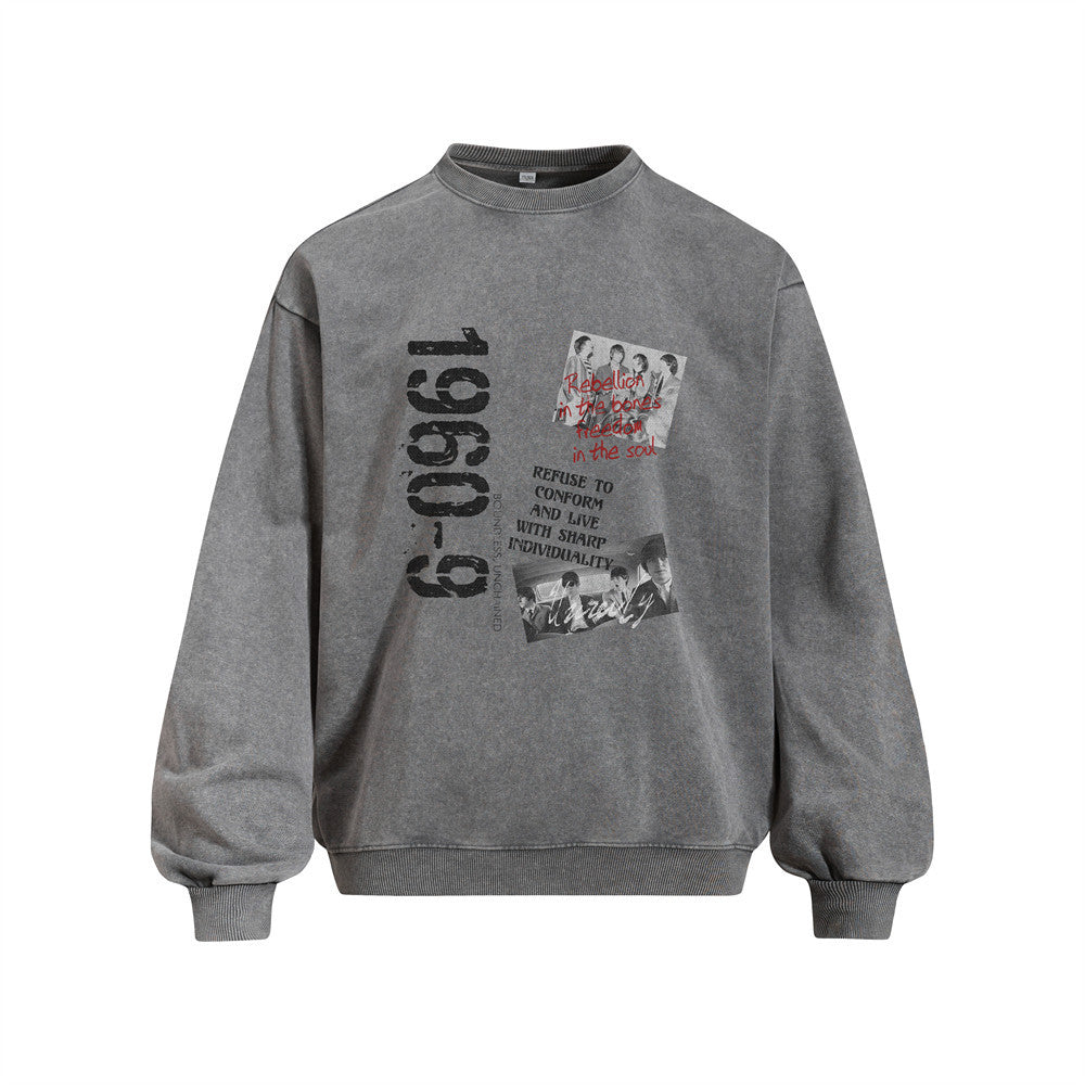 Vintage Number  Portrait Print Long Sleeve Crew Neck Men's Sweatshirt with Distressed Wash