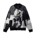 Men's Long Sleeve Cat Jacquard Pattern Stand Collar Cardigan Sweater Relaxed Casual Knit Jacket