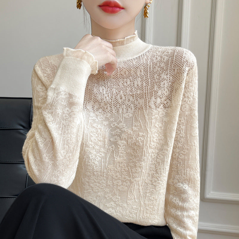 Women's Elegant Splicing Long Sleeve Organza Lace Trim Collar Thin Knit Top