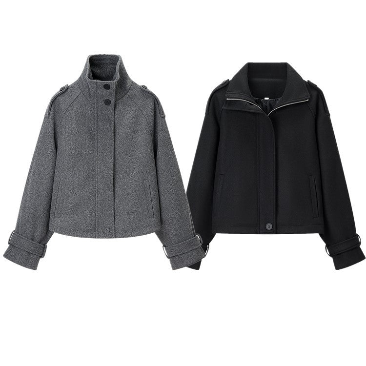 Gray Relaxed Fit Wool Blend Zip-Up Cropped Coat for Women