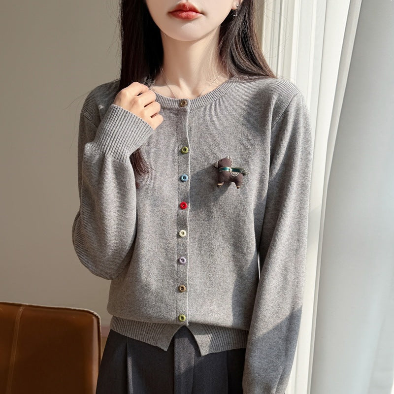 Women's Loose Long Sleeve Round Neck Knit Cardigan