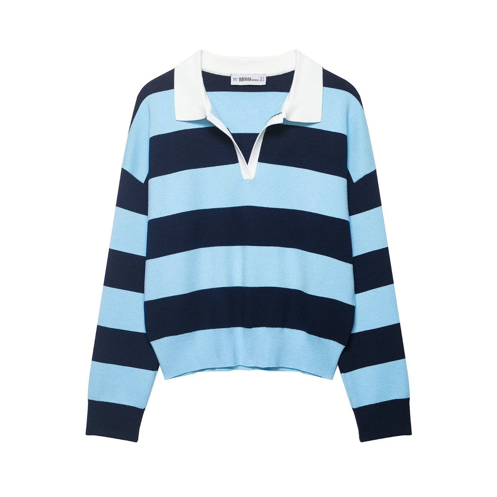 Elegant Contrast Stripe Knit Cardigan Women's Top with Lapel Collar Slimming Fit