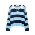 Elegant Contrast Stripe Knit Cardigan Women's Top with Lapel Collar Slimming Fit