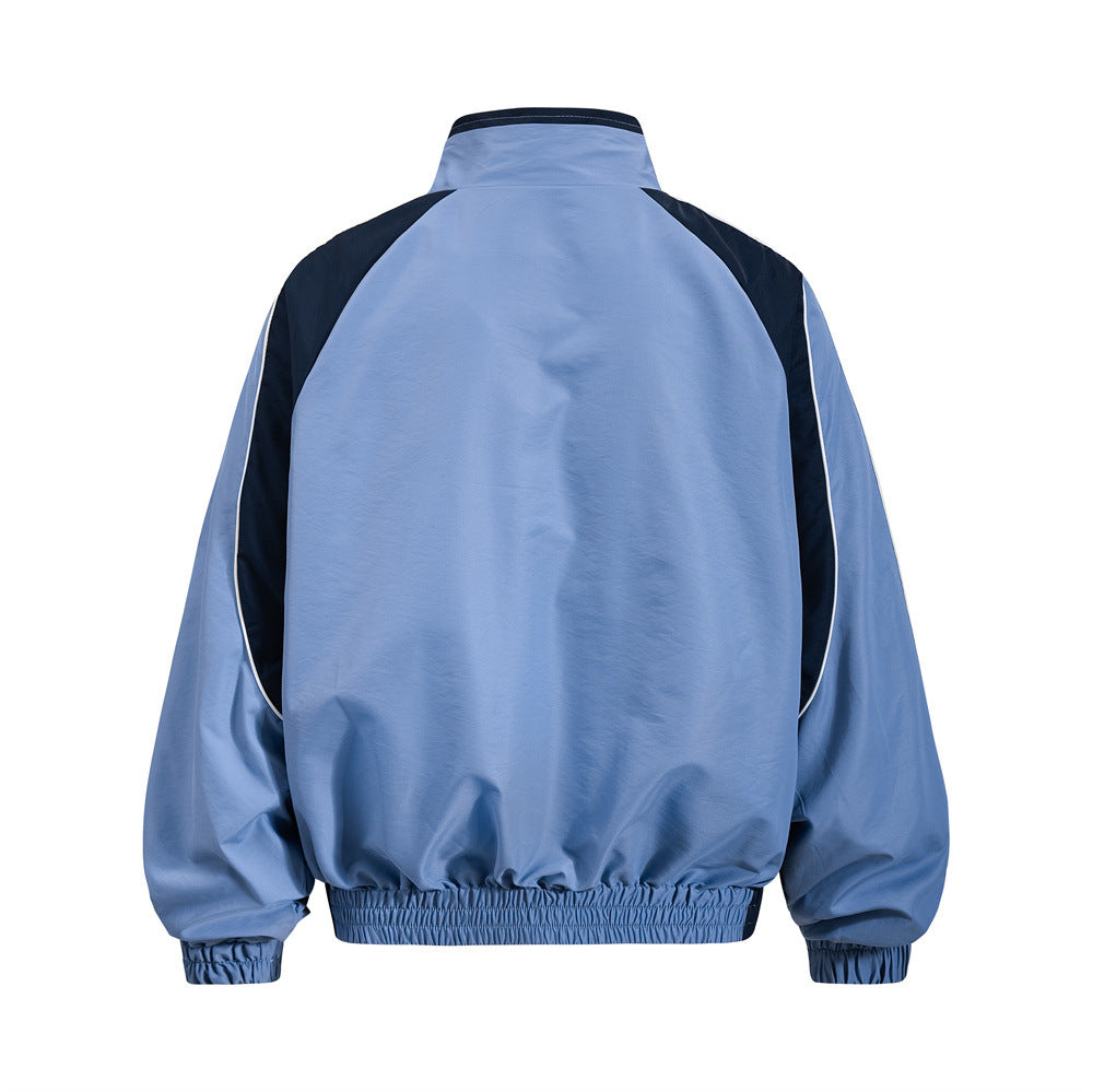 Men's  Loose Stand Collar Color Block Letter Patch Casual Sport Jacket