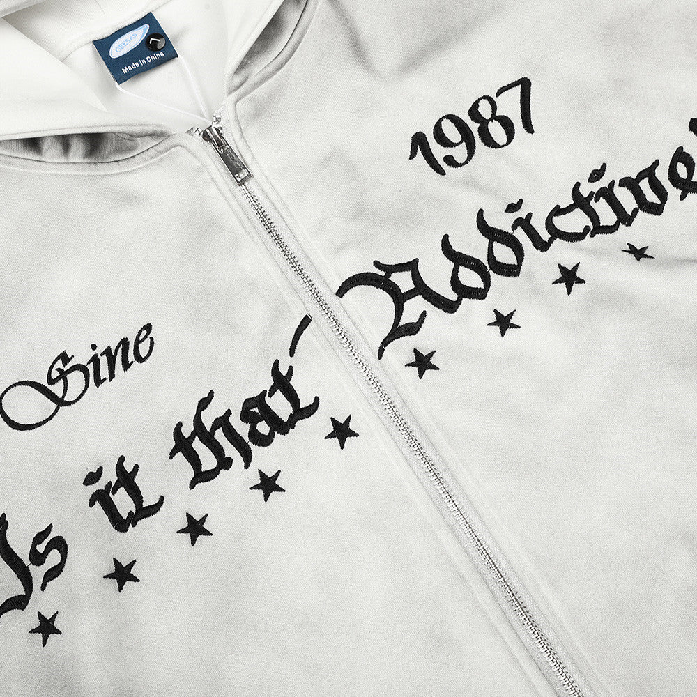 Men's Distressed Vintage Letter Embroidery Three-Strip Webbing Long Sleeve Zip-Up Hooded Streetwear Jacket