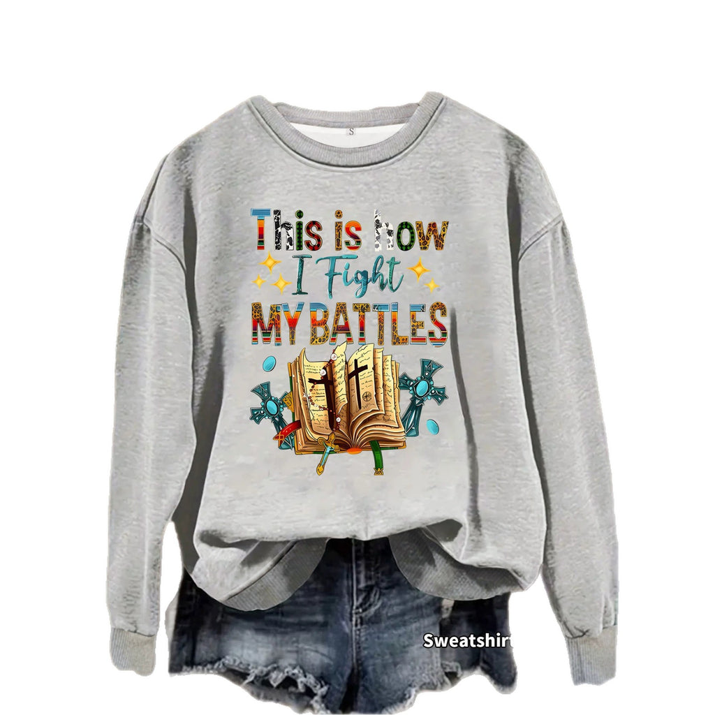 Letter pattern printed round neck fleece hoodie