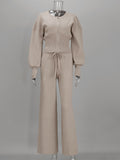 Knit Zipper Front Top &amp; High Waist Wide Leg Pants Two Piece Set