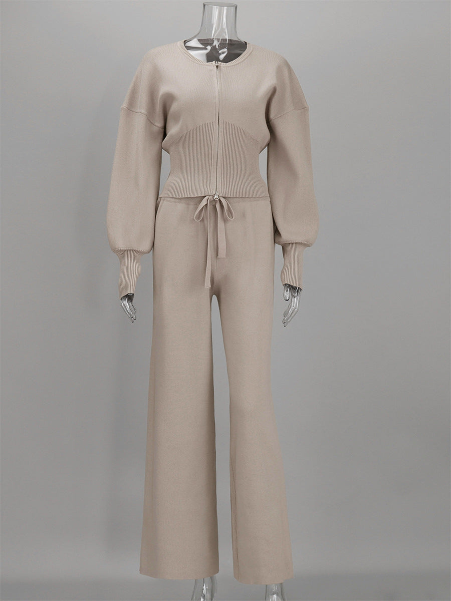 Knit Zipper Front Top &amp; High Waist Wide Leg Pants Two Piece Set