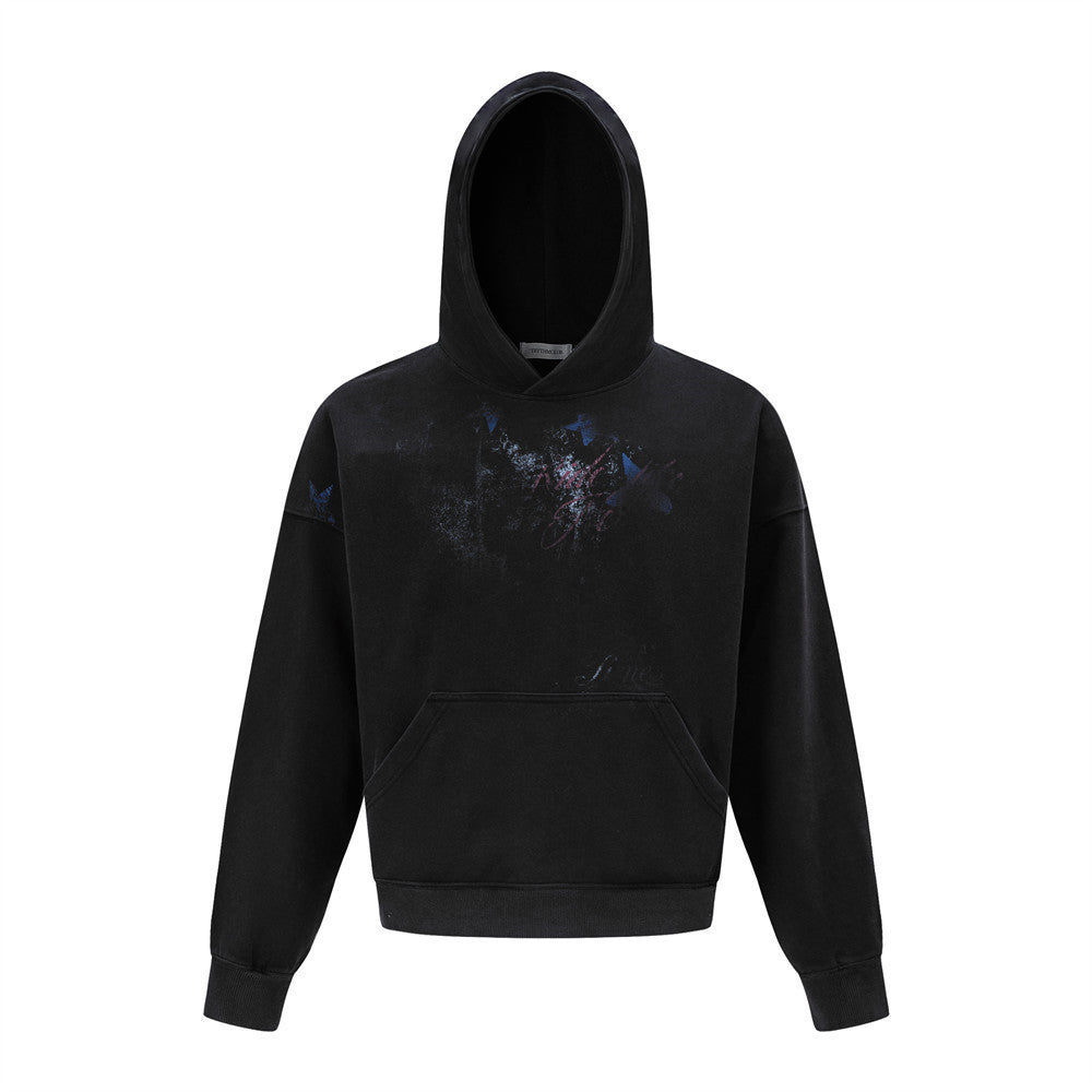 Men's Casual Punk Star Graffiti Print Distressed Oversized Long Sleeve Hooded Pullover Sweatshirt