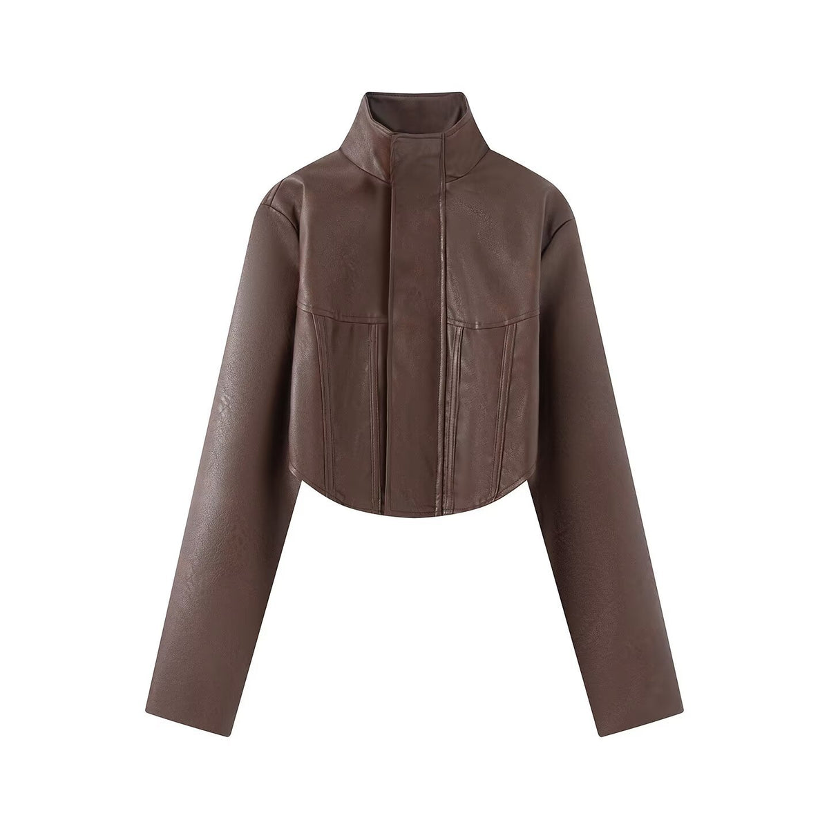 Solid color stand up collar fishbone PU leather short jacket