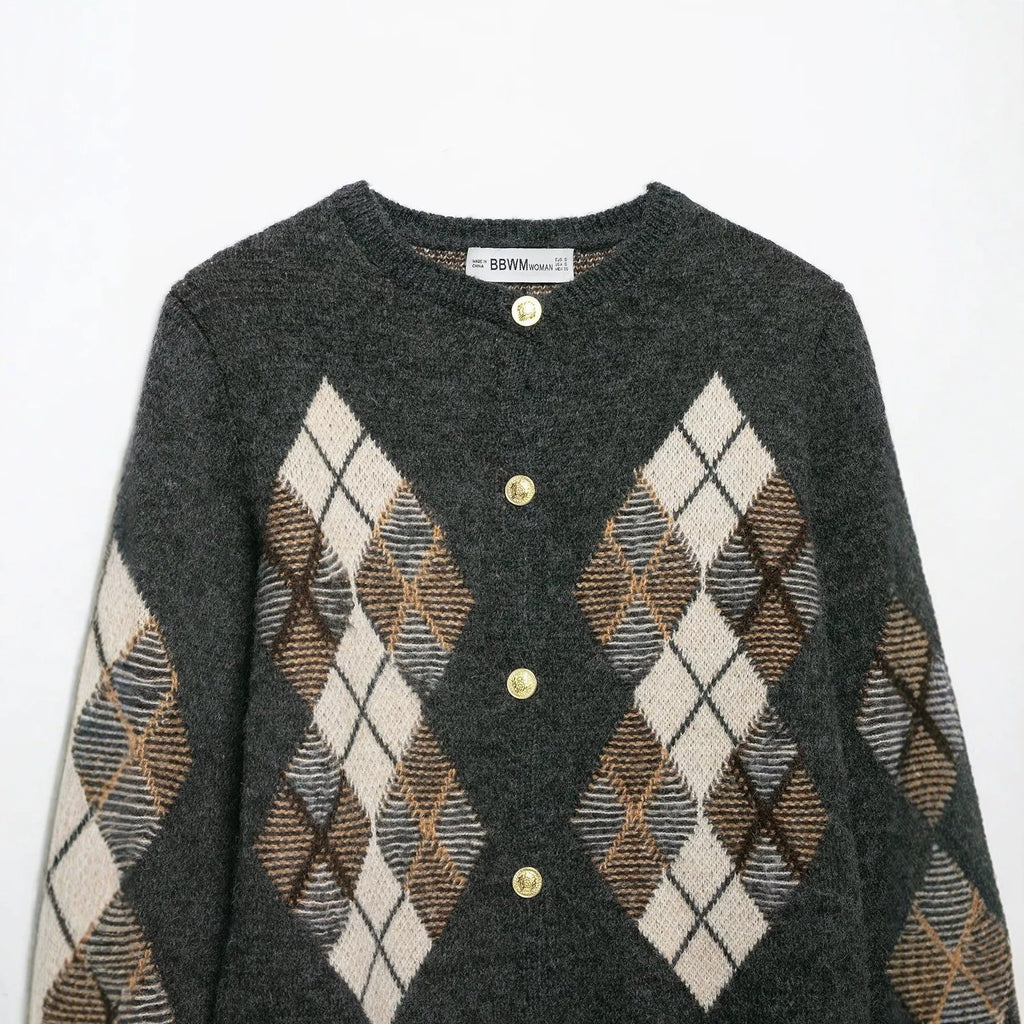 Quilted Knit Cardigan Crew Neck Sweater Top