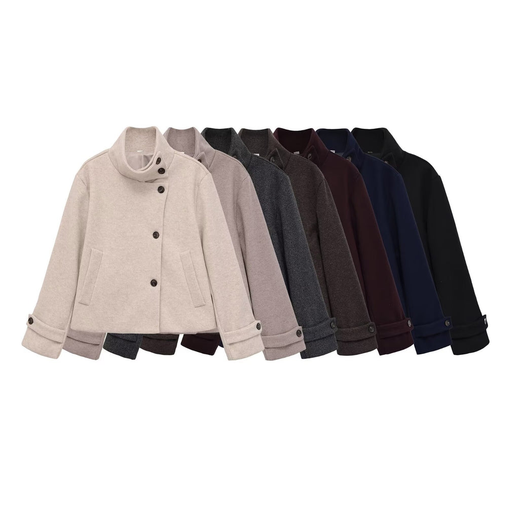 Versatile solid color long sleeved stand up collar jacket