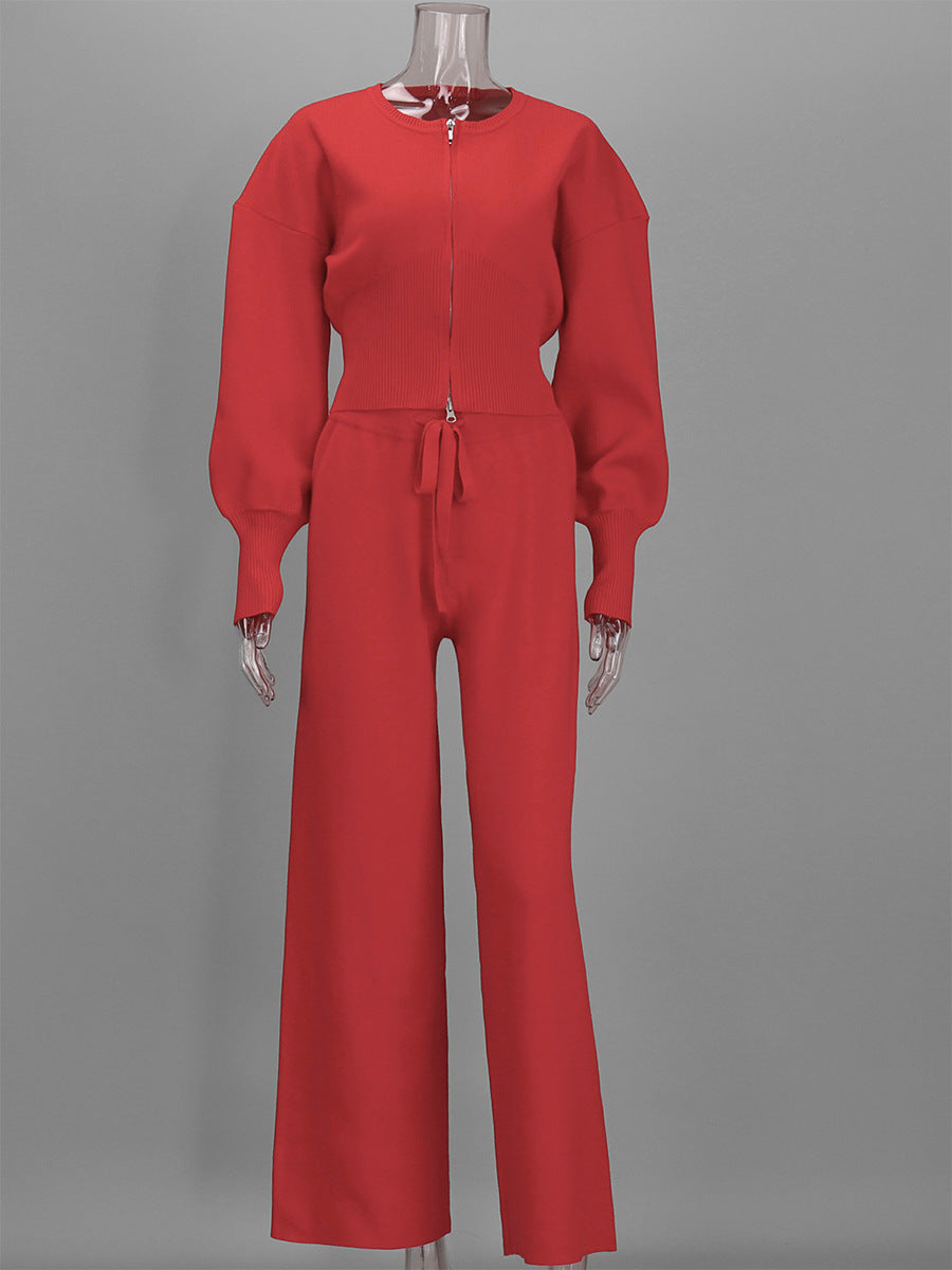 Knit Zipper Front Top &amp; High Waist Wide Leg Pants Two Piece Set
