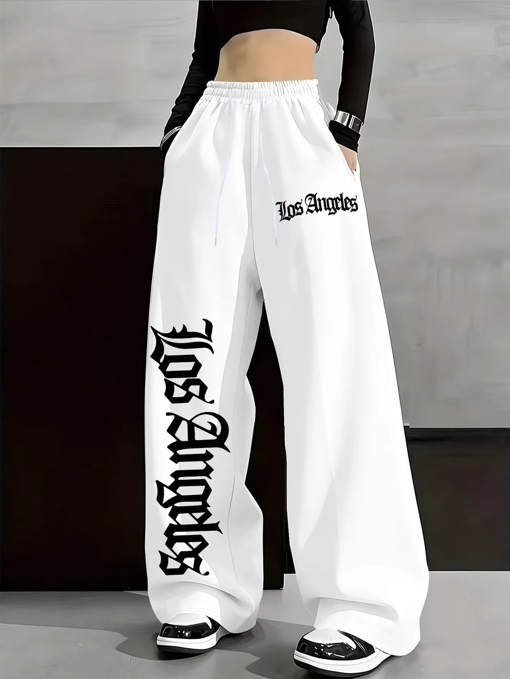 Women's Casual Gothic Letter Print Lightweight High Waist Adjustable Drawstring Wide Leg Pants