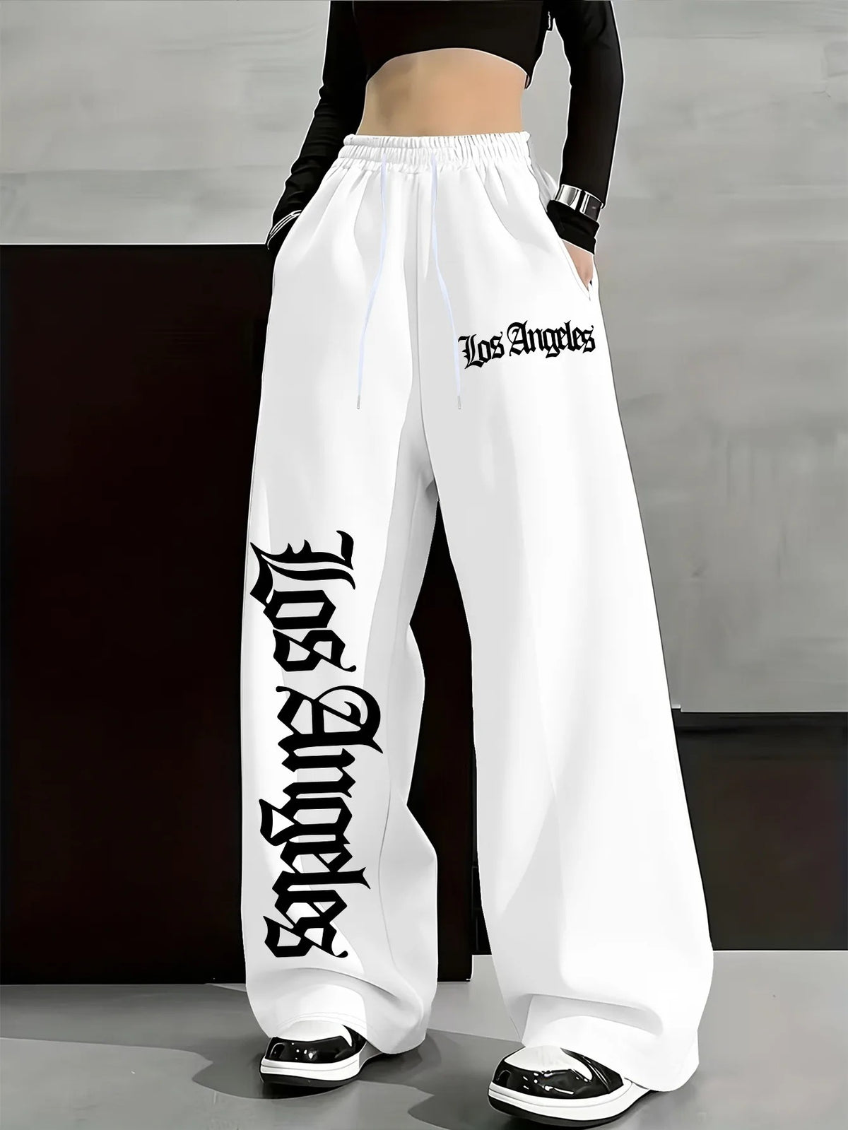 Women's Casual Gothic Letter Print Lightweight High Waist Adjustable Drawstring Wide Leg Pants