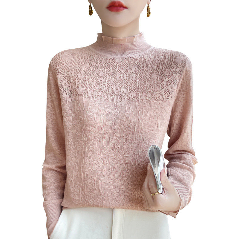 Women's Elegant Splicing Long Sleeve Organza Lace Trim Collar Thin Knit Top