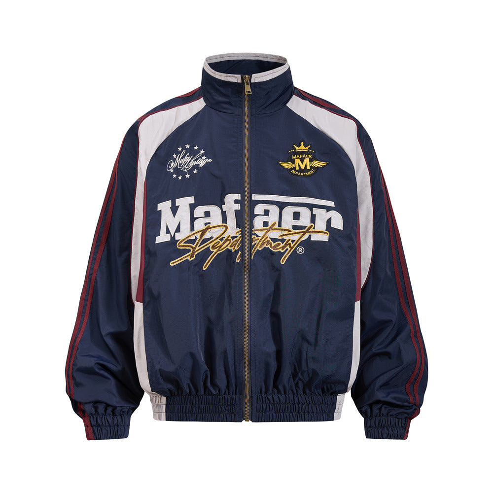 Men's  Loose Stand Collar Color Block Letter Patch Casual Sport Jacket