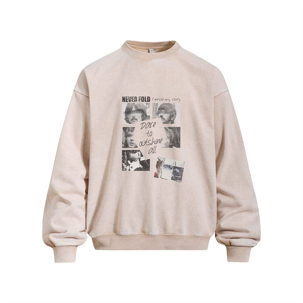 Creative Portrait Print Long Sleeve Crew Neck Washed Vintage Men's Pullover Sweatshirt