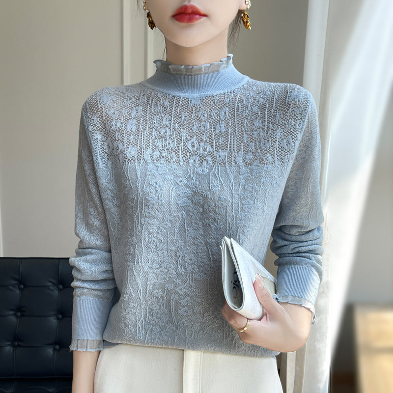 Women's Elegant Splicing Long Sleeve Organza Lace Trim Collar Thin Knit Top