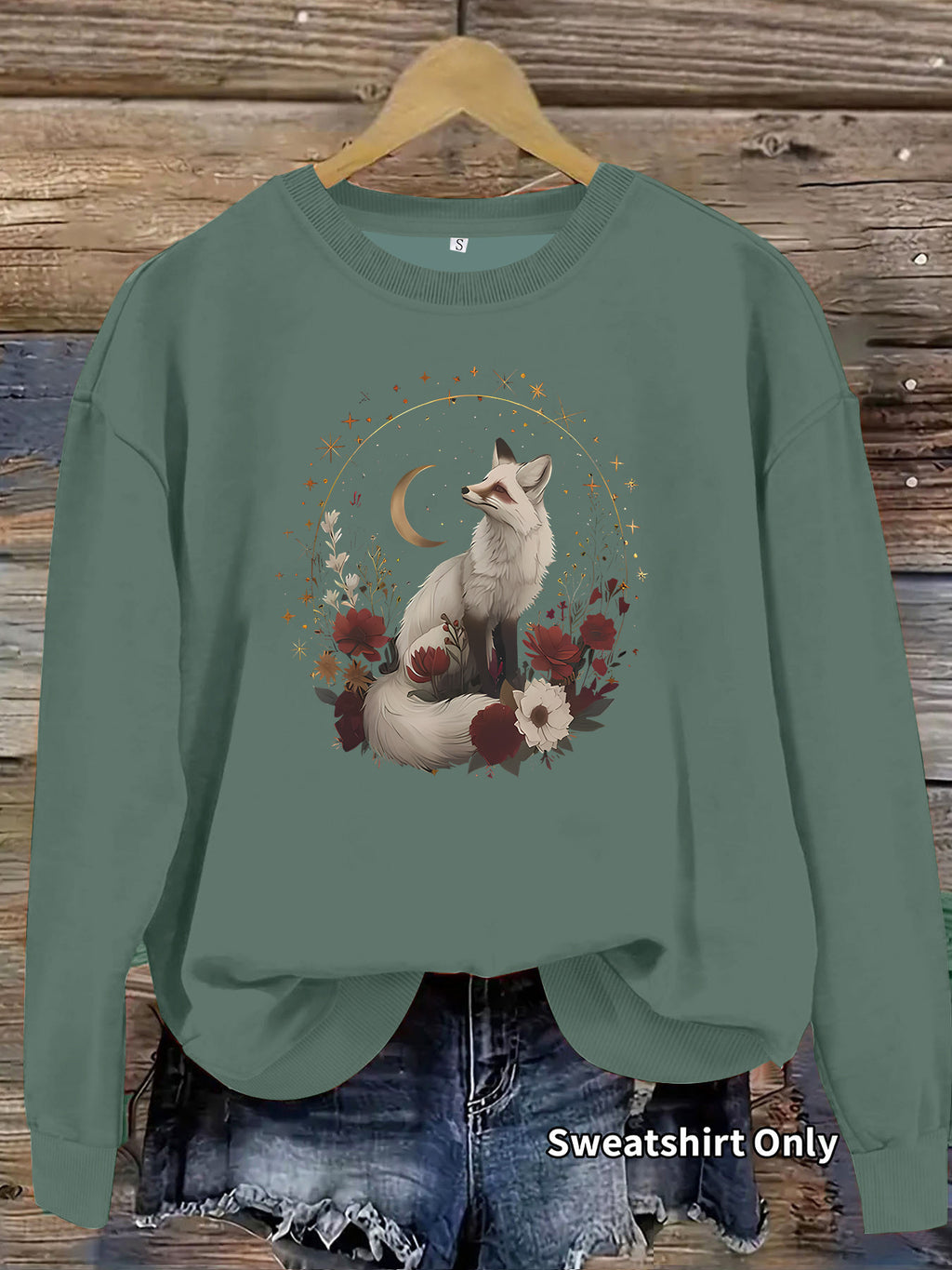 White fox print base long sleeved fleece sweatshirt