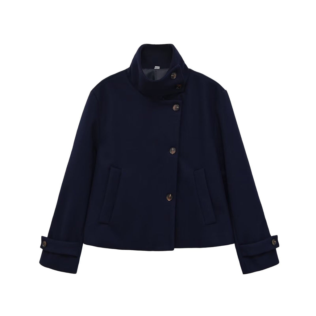 Versatile solid color long sleeved stand up collar jacket