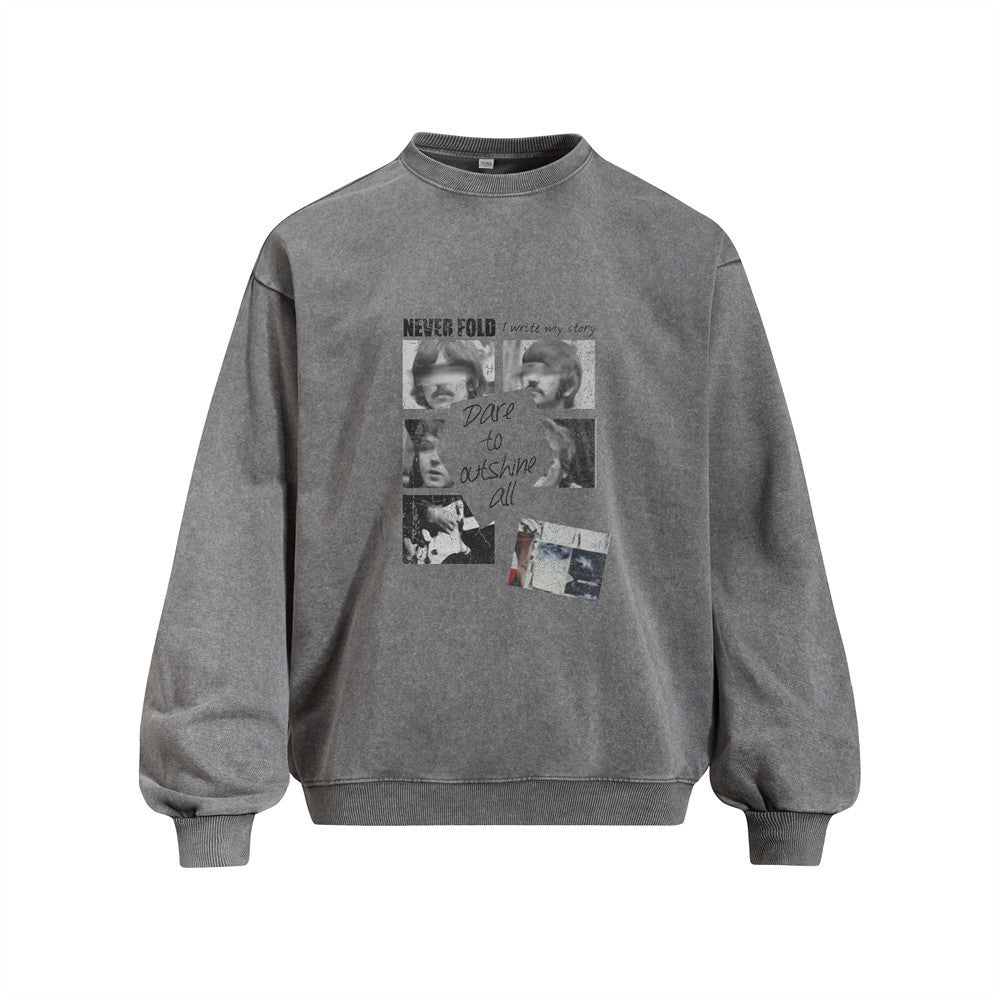 Creative Portrait Print Long Sleeve Crew Neck Washed Vintage Men's Pullover Sweatshirt