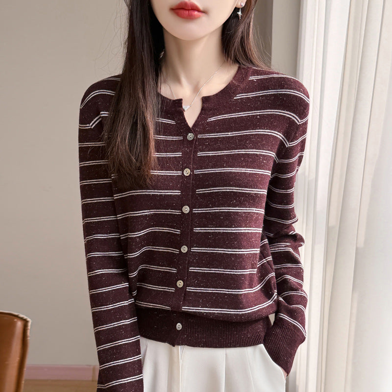 Women's Long Sleeve V-Neck Knit Cardigan Color Block Stripe Polka Dot Loose Fit Sweater Top