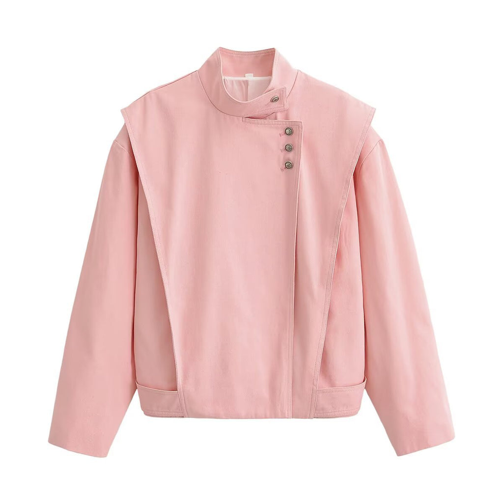 Simple and versatile long sleeved stand up collar breasted short jacket