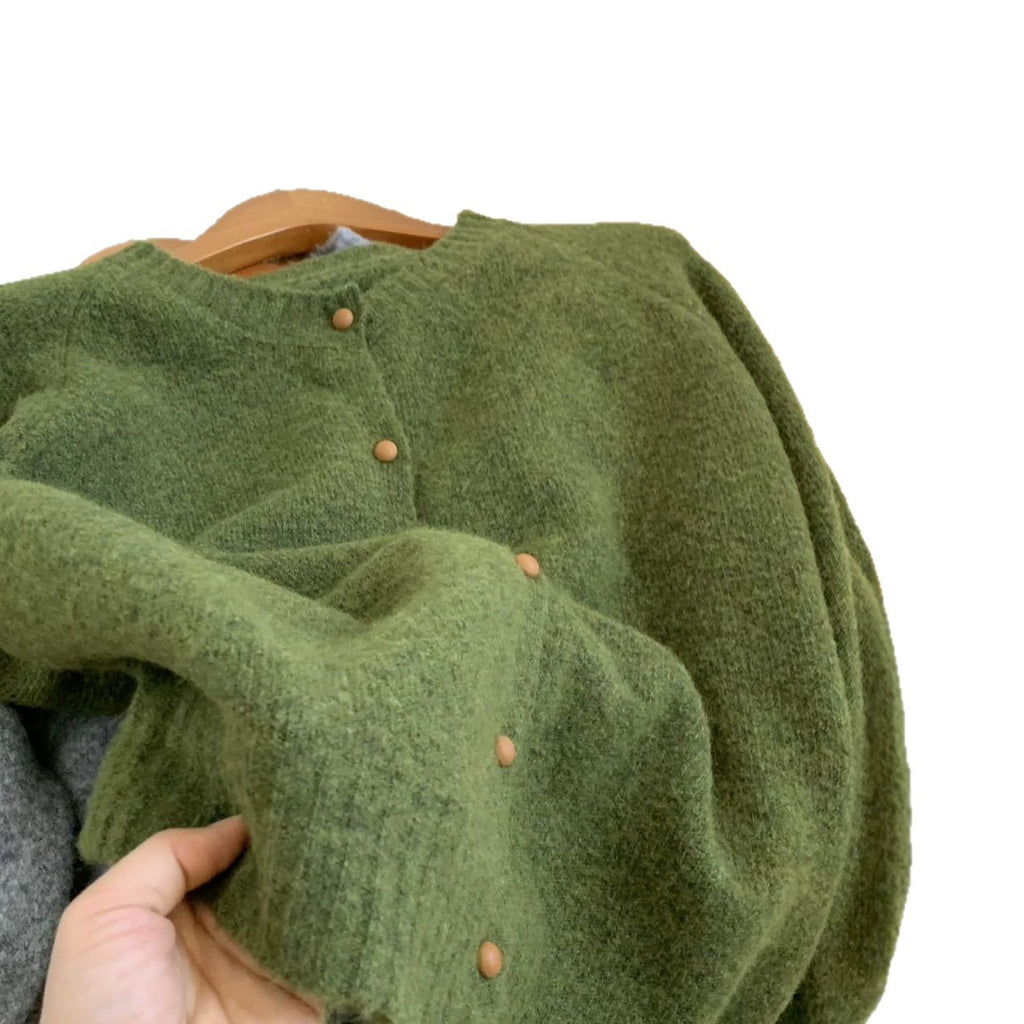 Relaxed Fit Wool Cardigan, Single-Breasted Round Neck Loose Knit Jacket