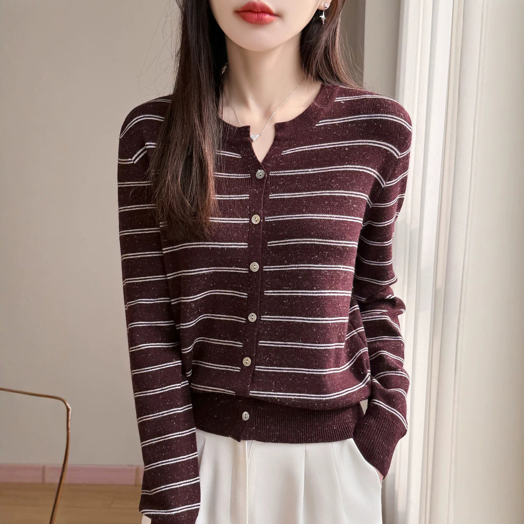 Women's Long Sleeve V-Neck Knit Cardigan Color Block Stripe Polka Dot Loose Fit Sweater Top