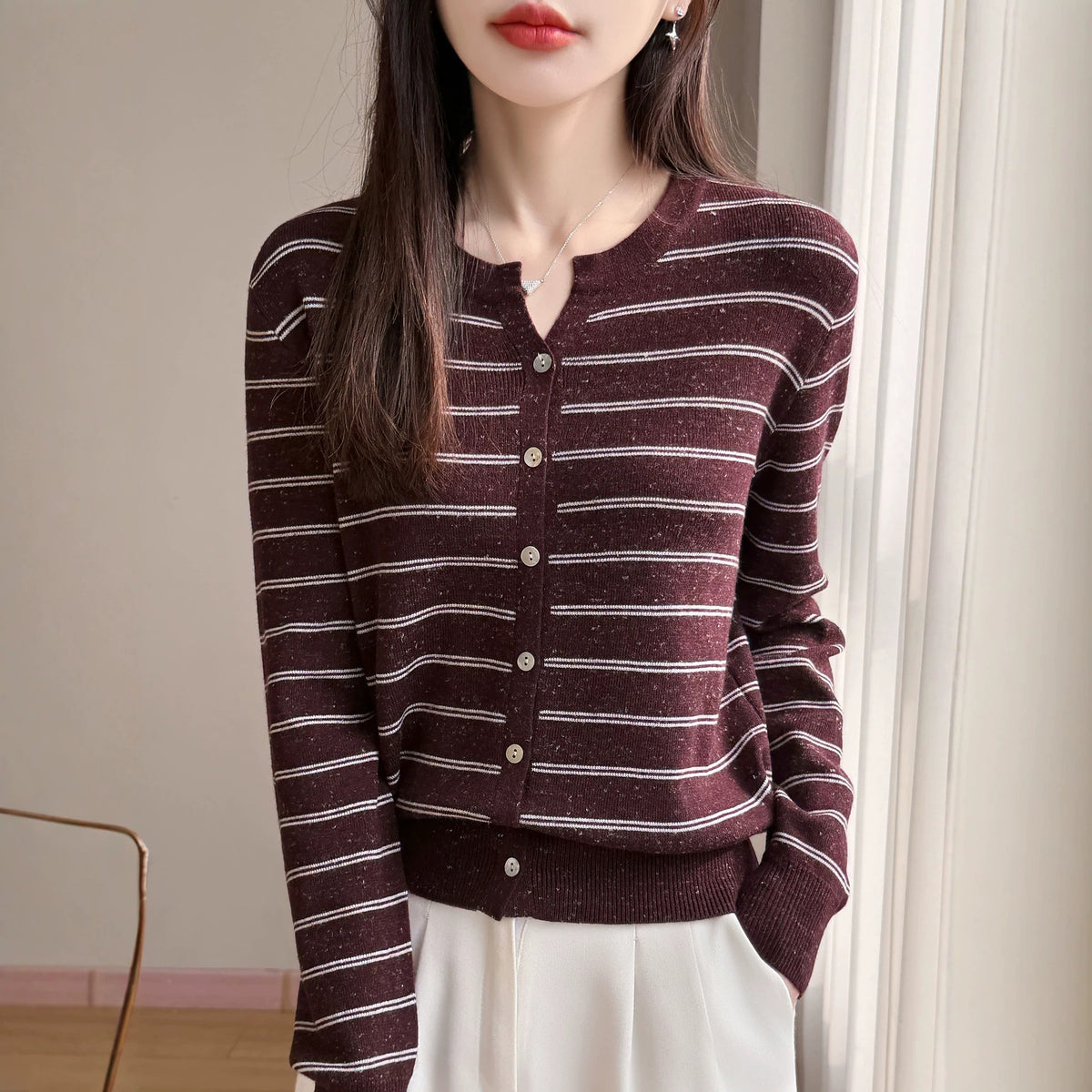 Women's Long Sleeve V-Neck Knit Cardigan Color Block Stripe Polka Dot Loose Fit Sweater Top