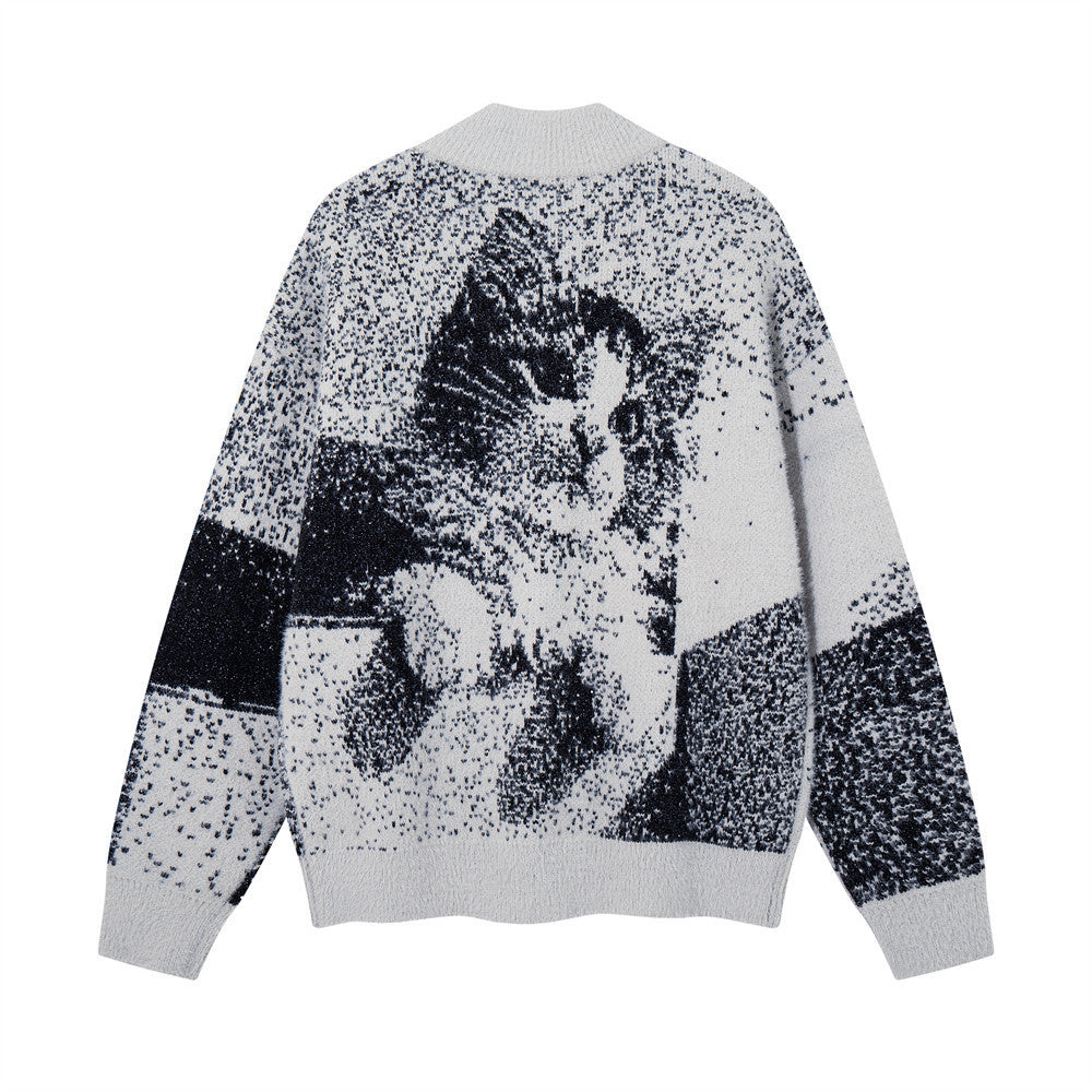 Men's Long Sleeve Cat Jacquard Pattern Stand Collar Cardigan Sweater Relaxed Casual Knit Jacket