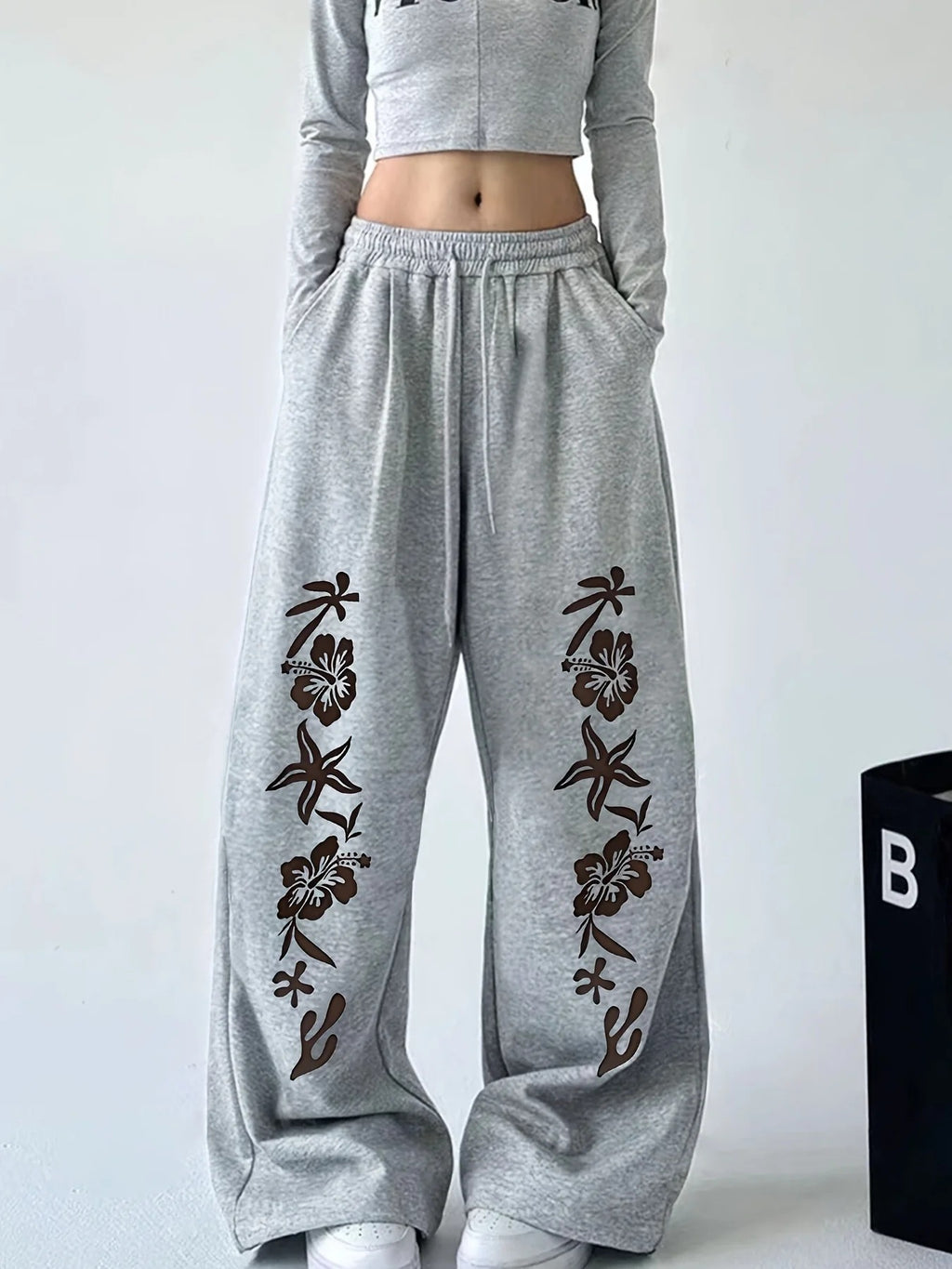 Print Wide Leg Drawstring Sweatpants
