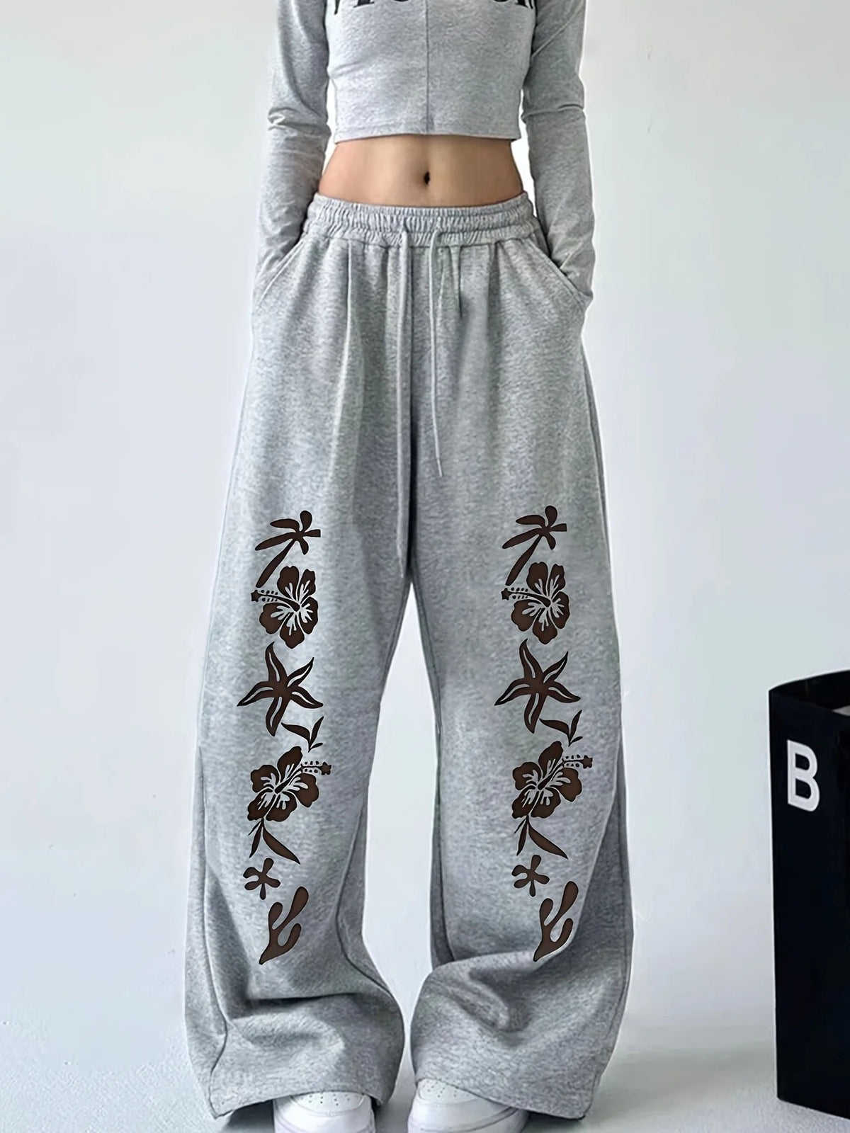 Print Wide Leg Drawstring Sweatpants